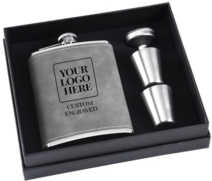 Petaca de Whisky con Logo Personalizado, 8 oz - Petaca de Acero Inoxidable 304 para Hombre Grabada (Gris)