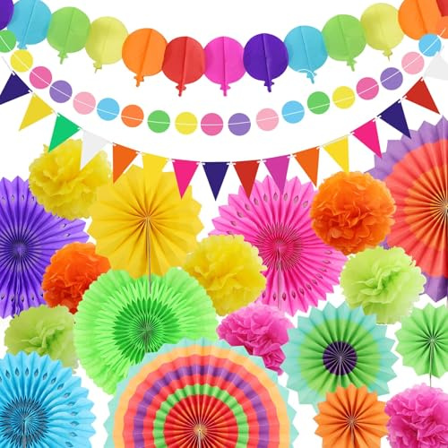 Festoni Decoraciones Para Fiestas,Cumpleaños Y Carnaval,Adorno Fiesta Mexicana Party Con Papel Coloreado Abanicos De Colgantes,pompones,Cintas De Tela Y Guirnaldas De Banderitas