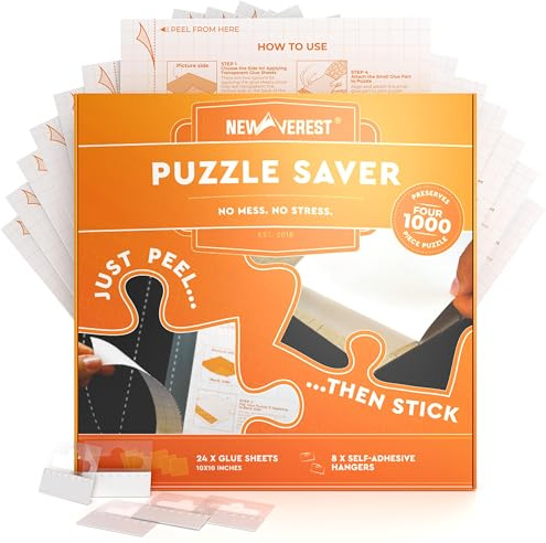 Newverest 24-Pack Puzzle Glue Sheets 10×10″ – Preserve & Display 4 × 1000-Piece Jigsaw Puzzles – Peel & Stick Puzzle Saver with 8 Adhesive Hangers – No Glue, No Mess, Ships Flat, Gift-Ready Box