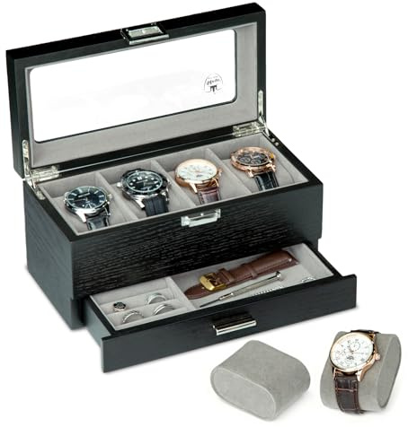 Slege Porta Orologi in Legno a 4 Posti,Fatto Mano Scatola Portaorologi a 2 Livelli,Elegante Scatola per Orologi,Coperchio in Vetro, con Cuscinetti,Scatola Porta Orologi Uomo e Donna,Idea Regalo,Nero