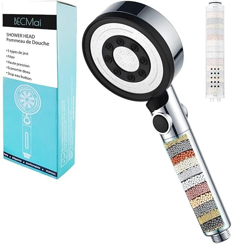 Becmai Wassersparend Duschkopf mit Filter, Hochdruck Duschbrause mit Kalkfilter und mehrschichtiger Filtration, Hartwasser Duschkopf, Handbrause mit Stoppfunktion, 5 Modes Jets, Starker Strahl, Chrome