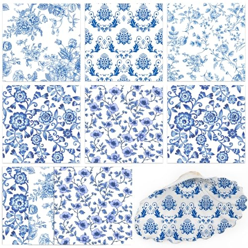 50PCS Decoupage Paper Chinoiserie Napkins Blue and White Floral Decorative Paper Assorted Vintage Flower Decoupage Napkins for DIY Crafts Birthday Party Wedding Baby Shower Decor Each Unfolded 13 Inch
