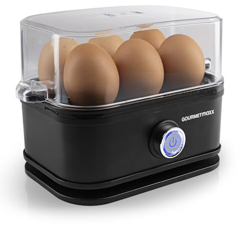 GOURMETmaxx Cuiseur à œufs pour 6 œufs | Cuiseur à œufs avec pique-œuf dans le gobelet doseur | Avec 3 niveaux de cuisson – pour chaque coquetier | Design noir - pièces lavables au lave-vaisselle