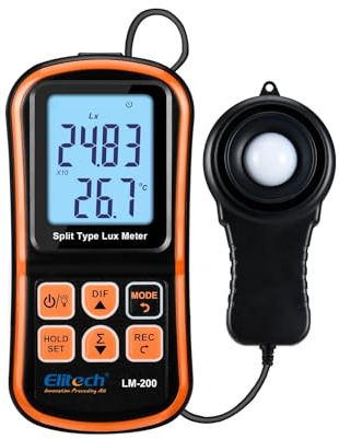 Elitech Digital Luxmeter Lichtmesser mit Temperaturmessung – 0-20000 Lux / 0-20000 Fc, Automatische Bereichswahl, Speicherfunktion, Hintergrundbeleuchtung, Mehrere Messmodi, Tragbares Lichtmessgerät