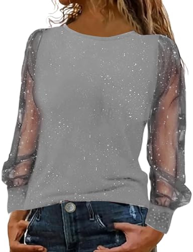 Blusa Donna Elegante con Paillettes Cerimonia Tops Pizzo Maniche Lunghe Maglietta con Glitter Sexy Taglie Forti Camicetta Brillantini Maglia da Sera Curvy Camicia Oro per Feste e Serate