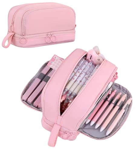 Large Capacity Pencil Case for Girls Women, Pencilcase Pink Pencil Case with Compartments,School Exam Big Pencil Pouch/Bag for Women Kids, Adult. (Pink)
