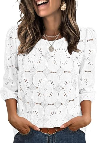 Aokosor Womens 3/4 Sleeve Tops Ladies Blouses Cutout Flower Top Round Neck Tunic Elastic Cuffs Elegant Shirts