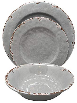 Gianna's Home 12 Piece Rustic Farmhouse Melamine Dinnerware Set, Service for 4 (Gray)