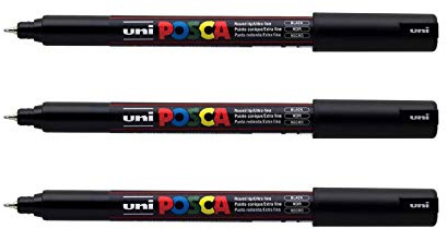 POSCA - Uni Mitsubishi Pencil - 3 x Black PC1MR Extra Fine Tip Markers Calibrated 0.7mm - Water-Based Paint Marker - All Purpose - For Paper, Textile, Glass, Pebble, etc.