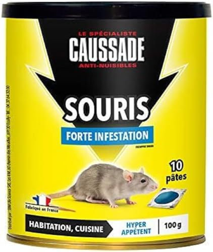 Caussade Anti-Souris - Forte Infestation - Lieux secs & humides - 10 Sachets pâtes - Prêt à l'emploi - Une Ingestion Suffit - Fabriqué en France - 100g - CASAPT10N