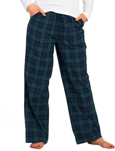 LAPASA Pijama Mujer de 100% Algodón Franela con Estampado Escocés, Pantalones de Pijama para Casa L74 S Cuadros Verde Oscuro + Azul Marino