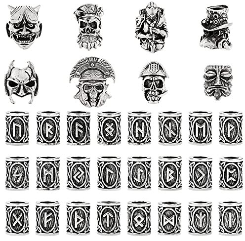 TIANTIAN 32 Stück Wikinger-Bartperlen, nordische Haarperlen, Runen, Perlen, Piratenschädel, Dreadlocks, Perlen für Armbänder, Halsketten, DIY-Schmuck, Flechten, Haarzöpfe