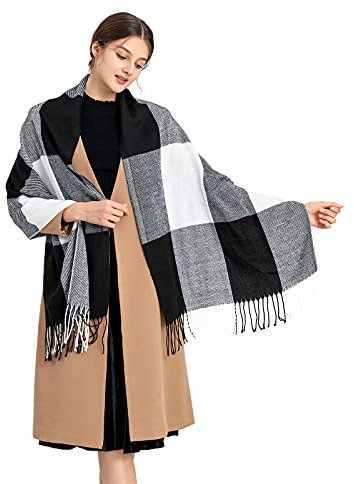 Miss Lulu Damen-Schal, lang, weich, warm, Schottenkaro, Wolle, gedrehte Fransen, Stola (Schwarz)