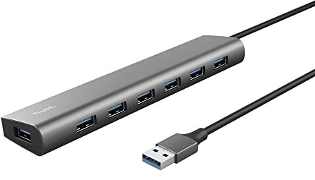 Trust Halyx Hub USB 7 Puertos 3.2 Gen 1, Distribuidor con Puerto de Alimentación USB-C, Transferencia de Datos 5 Gbps, Concentrador USB, Cable de Extensión USB para Ordenador, Portátil, Macbook