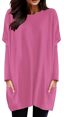SRZYMJ Damen Lang Shirt Rundhals Kurzarm Oberteil Einfarbig T-Shirt Tunika Loose Casual Kurzarmshirt mit Tasche Elegant Pullover Sweatshirt Lässig Tops Rundkragen Oversize Longshirt Rot 3XL