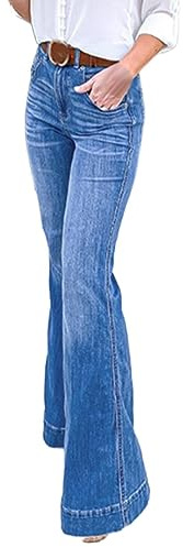 Stretchbyxor dam slag – denimbyxor med fickor breda ben jeans hög midja slagjeans stor storlek dragkedja jeansbyxor smal passform utsvängda byxor jeansoptik fritidsbyxor, Ljusblå, 3XL
