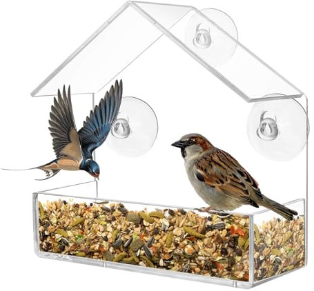 Transparent Fenster Futterhaus für Vögel, Vogelhaus Fensterscheibe mit Saugnäpfen, Futterspender für Wildvögel Bird Feeder Vogelfutterhaus mit Saugnäpfe, 15 x 15 x 6 cm