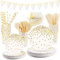 VIPNAJI Platos Cumpleaños Blanco 176 PCs Platos Vasos Servilletas Cubiertos Bandera Pajitas ​para Fiesta Boda Despedida de Soltera Aniversario Platos Navidad Blanco y Dorados(24 Invitados)