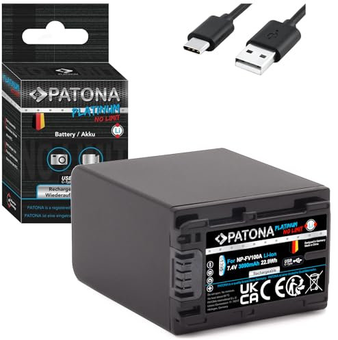 PATONA USB-C Platinum NP-FV100 Akku 3090mAh kompatibel mit Sony HDR CX250 CX625 CX680 CX730 PJ810 FDR AX40 AX45 AX53 AX33 AX100 NEX-VG30 NPFV100 NP FV100 FV100A