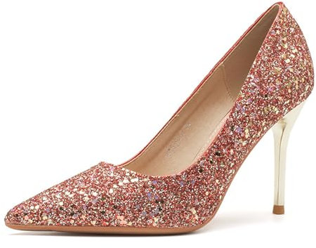 Glitter Heels Elegant Women's Pumps High Heels Sexy Leg Lines Very Good Stretch, Red 9 cm, 4 UK
