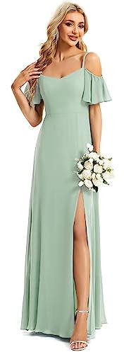 Ever-Pretty Robe Demoiselle d'honneur Femme Épaules Dénudées Bretelles Volants Fendue Mousseline Robe Maxi Verte Menthe 50