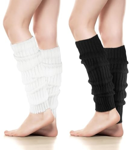 KUMSODE 2 Par Calentadores Piernas Mujer,Leg Warmers, Baile, Aeróbico Deportivo, Calentar, Calientapiernas de la Pierna de Algodón para Mujer, Talla única (Negro/Blanco