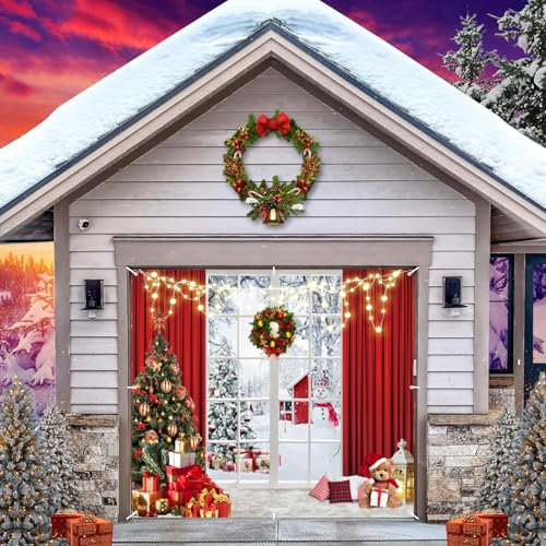 Toile de fond pour porte de garage de Noël, bannière de couverture de porte de garage, forêt enneigée, bonhomme de neige, arbre de Noël, cadeau de Noël unique pour porte de garage pour décorations de