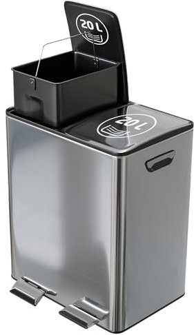 Amig - Cubo de Reciclaje Doble con Pedales Mod. RECIK EVO 40 L - 2 Compartimentos x 20 L - Acero inoxidable - 45 x 30 x 52 cm - Plateado
