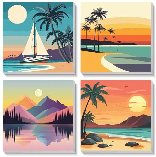 Bowetile 4 Pack Sunset Framed Paint by Numbers for Adults Children, Painting by Numbers Kit for Adults, Beginners Canvas Kits, DIY Acrylic Pigment Drawing Paintwork for Home Decor, 20x20 cm