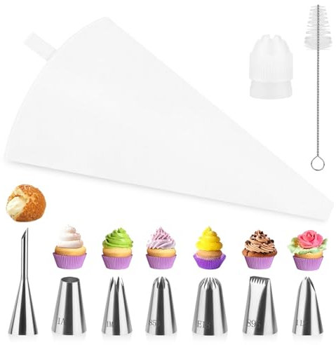 Premium 11-teiliges Spritzbeutel-Set aus Baumwolle (35cm),Inkl. wiederverwendbarer Spülmaschinenbeutel, Edelstahl-Tüllen zum Tortenverzieren,Adapter & Geschenkbox