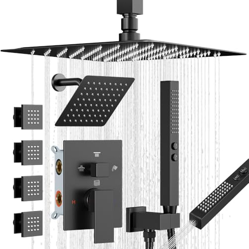 Shower System with Body Jets, Bostingner Four Modes Shower Faucet 12+6 Rain Shower Head with Handheld Spray 2 Ways, 4Pcs Shower Jets System in Wall Shower Faucet Sets Complete, Matte Black