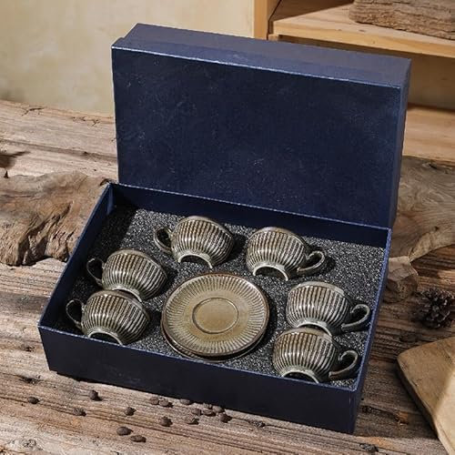 Erkundpresso. Set di 6 Tazze da Espresso 100ml con Piattini, Tazzine da caffè, Ceramica Effetto Forno Pareti Spesse Isolanti, Antiscivolo, Lavastoviglie & Microonde, Confezione Regalo - Bronzo