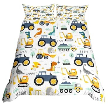 Homewish Juego de funda de edredón de 3 piezas, diseño de coche de dibujos animados, lindo juego de ropa de cama de dinosaurios para niños y niñas, ropa de cama y ropa de cama reversible con estampado