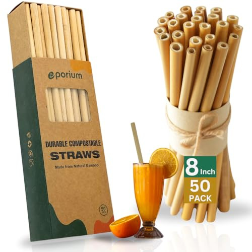 Eco-Friendly 8 Inch Bamboo Straws – 50 Pack Reusable Organic Drinking Straws – Sustainable, Biodegradable, Zero Waste Alternative to Plastic – Great for Smoothies, Juices & Cocktails