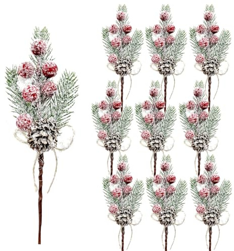 Cfythyab 10PCS Artificial Pine Picks Christmas Decorations, Holly Sprigs with Pine Cones Red Berries & Leaves, for Xmas Table Decorations Wreath Garland Tree Crafts Holiday Decor