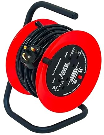 Reldor Outdoor Extension Lead, 50m, 4-Gang Socket with Heavy Duty Open Drum Metal Stand, Portable Power Socket, Garden Extension Reel with Thermal Cut-Out and Power Switch, Black Cable