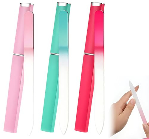 GILWUMO 3 Lime per Unghie in Vetro, Strumenti per Manicure Professionali, con Scatola di Conservazione, Adatto per Donne, rosso,verde,rosa