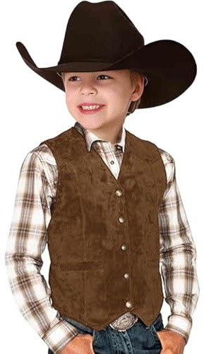 Generisch Cowboy Weste Kinder Jungen Ärmellos Wildleder Weste V-Ausschnitt Retro Trachtenweste Kinder Mädchen Hippie Gilet Einfarbige Cowgirl Outfit 60er 70er Fasching Karneval Oktoberfest Kostüm