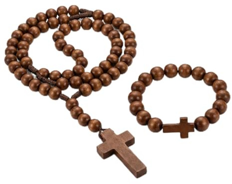 Hopzab Wooden Cross Necklace with Rosary Beads, Handmade Catholic Jewelry, Natural Wood Crucifix Pendant with Smooth Beads, for Prayer, Meditation, and Necklace Decoration(Brown)