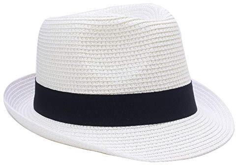 Yosang Chapeau de paille d'été pliable Panama Fedora pour enfants Bord court Beach Chapeau de soleil - Blanc - Taille Unique