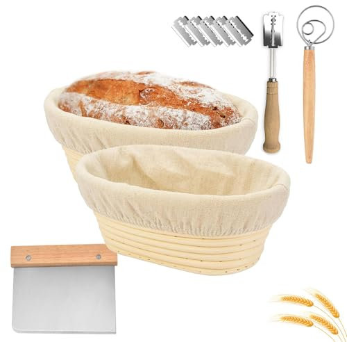 Gärkörbchen Oval (ø 25cm),2 PCS Banneton Proof Basket Korb Set,aus Sauerteigbrotkorb im französischen Stil,100% natürliches Rattan,mit Teigschaber,Leinenwäsche,Teig-Schneebesen,für Brot(750g Teig)