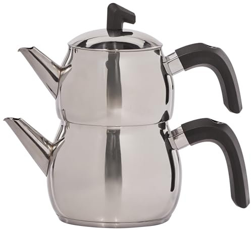 Karaca Belinay Juego de tetera negra mediana de acero inoxidable, tetera turca, hervidor de agua, tetera de 1 L, hervidor de agua: 1,6 L, tetera turca, juego de tetera negra