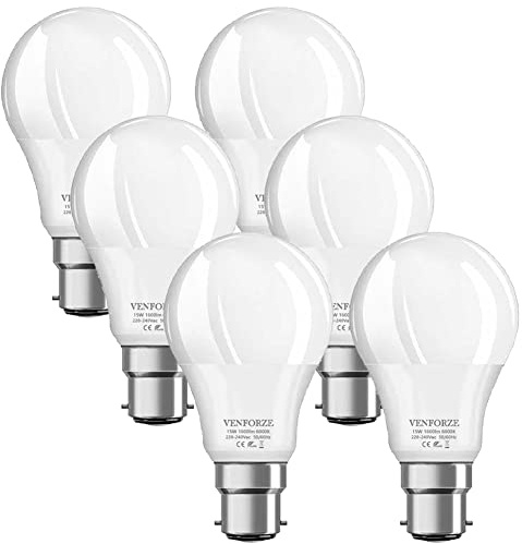 Venforze Lampadine a baionetta da 150 W, 15 W, A60 B22,1600 lm, 6000 K, GLS Frosted BC a risparmio energetico, non dimmerabili, confezione da 6