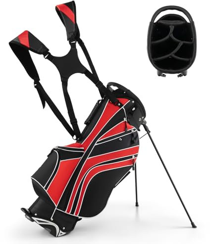 COSTWAY Golfbag mit Ständer und Regenschirmhalter, 7 Standbag inkl. Kühltasche und Schultergurt (Rot)