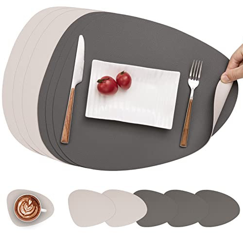 Myir JUN Tischsets Leder und Untersetzer, Tischsets Abwaschbar Rund Doppelseitigen rutschfest Platzdeckchen Leder Kunstleder Tischset Lederoptik Platzset (Grau Beige, Satz von 6)