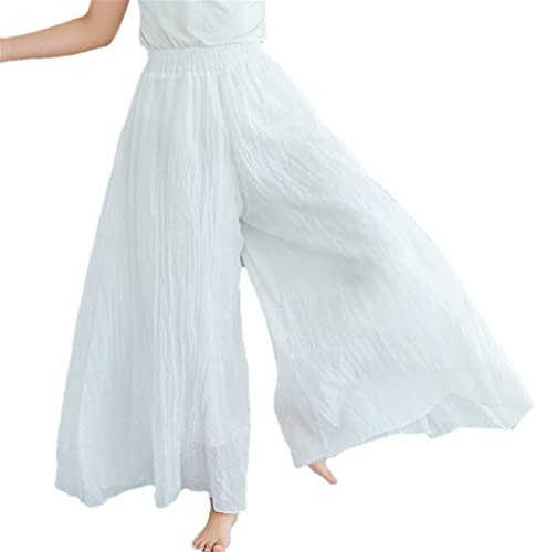 Adhdyuud Pantalones de pierna ancha de algodón y lino para mujer, de cintura alta, para primavera y verano, color sólido, elásticos, Hakama, blanco, M