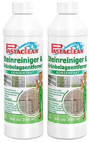 Pastaclean® Steinreiniger & Grünbelagentferner Konzentrat - Entfernt Grünbelag, Reinigt Grünbelagsbehaftete Oberflächen, Tiefenwirksam, Selbstreinigend, 2x 1 Liter