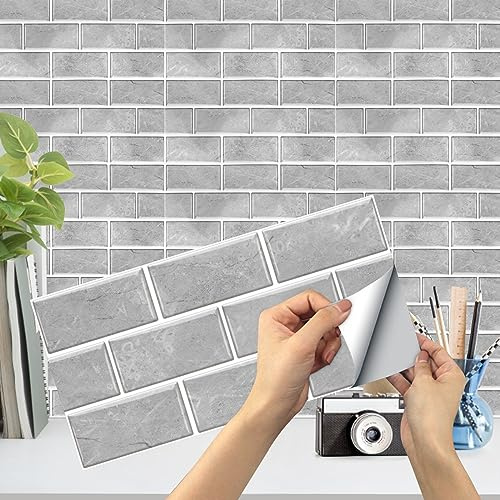 18 Sheets Grey Wall Tile Stickers, Peel and Stick Backsplash Tiles 30x15cm Self Adhesive Kitchen Tile Stickers PVC Waterproof for Bathroom Kitchen Home Decor