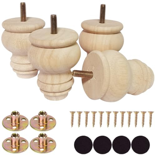 Btibpse 2 3 4 Inch Wooden Furniture Legs, Solid Wood Unpainted Replacement Furniture Legs, Ottoman/Loveseat Replacement Legs, Cabinet Legs/Desk/Sofa/Bookcase Round Bun Feet Set of 4 (3 Inch)