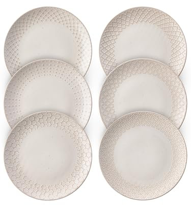 DOWAN Teller Set, Steingut Speiseteller 6 Personen, Ø 26.7 cm Essteller mit Prägung, Flache Teller für Pasta Salat, Kuchen, Frühstück, Spülmaschinen- und mikrowellengeeignet, Vintage Weiß